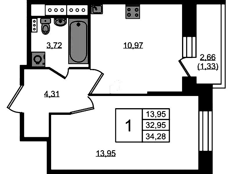 1-комнатная квартира 34.28 м², 5/11 эт., ЖК «Новое Колпино»